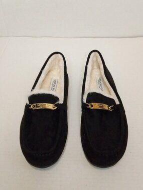 London Fog Lisa Black Faux Fur Moccasin Slippers Women’s 11W / Wide Width